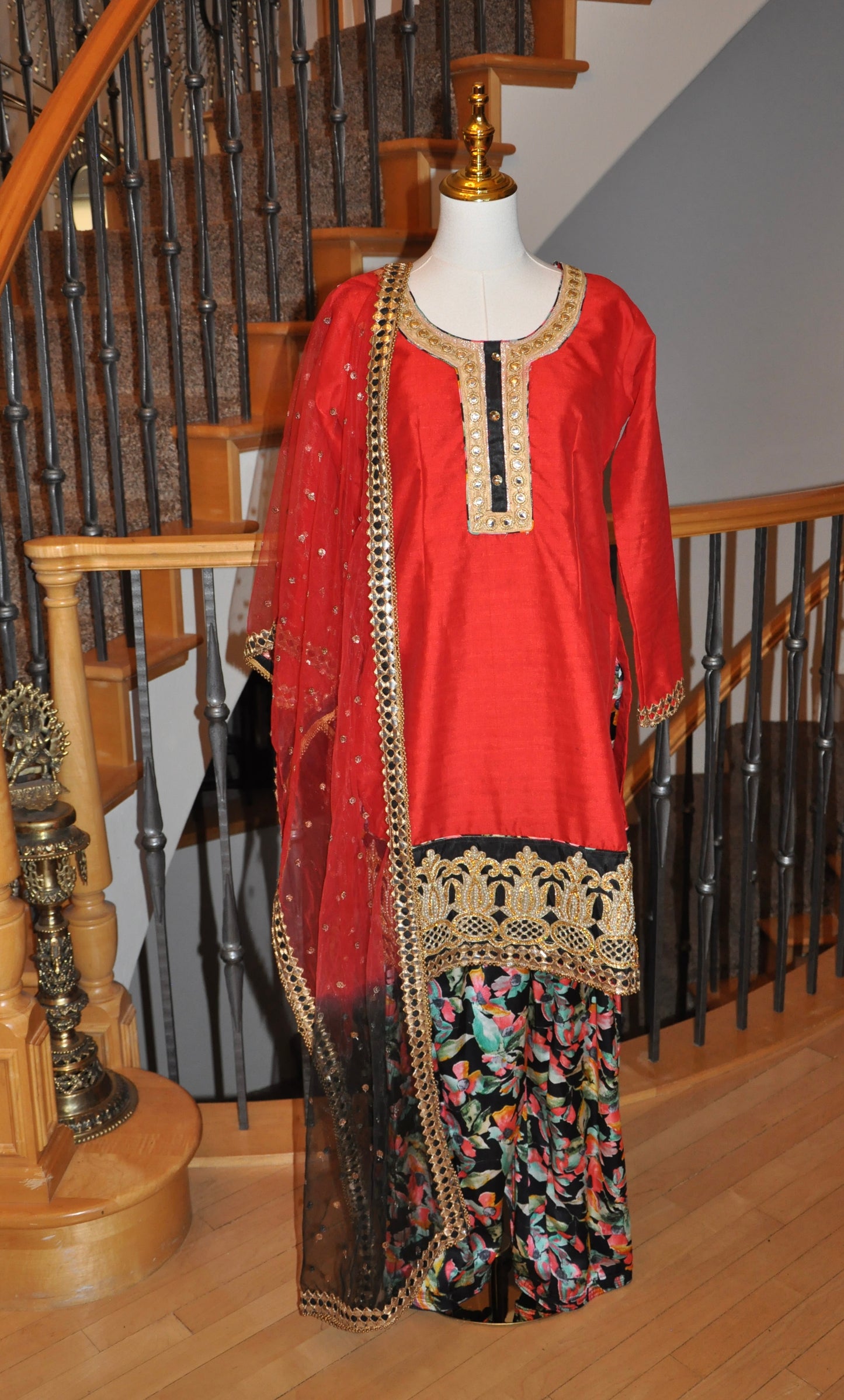 Trendy Red Kurta Set with Gold & Black Details