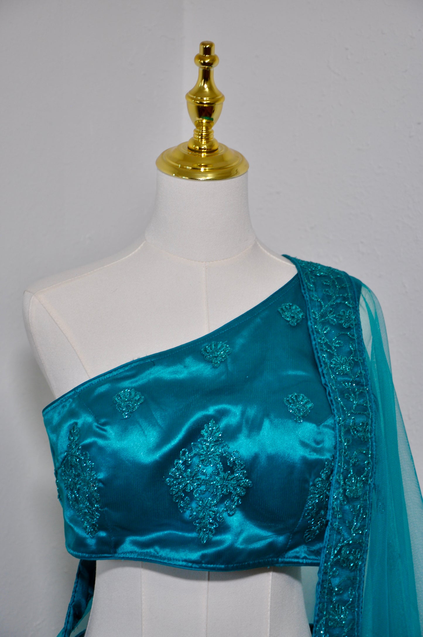 Teal Embroidered One-Shoulder Lehenga Set