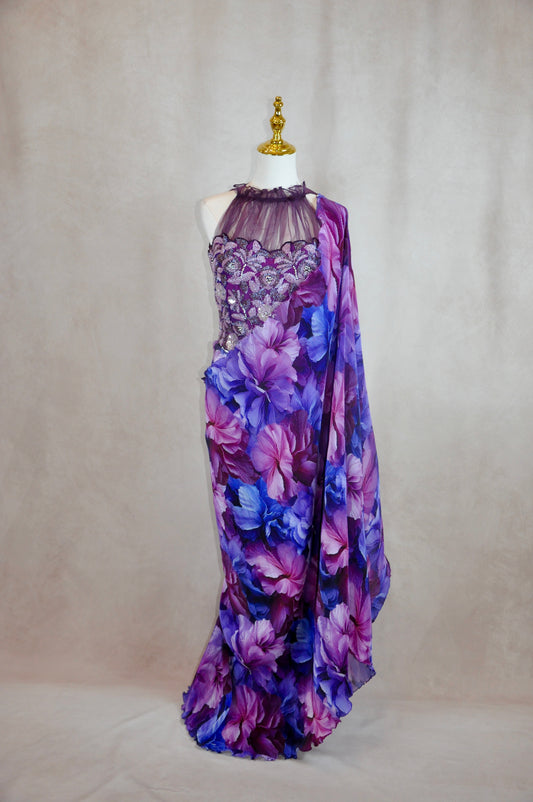 Pre-Draped Purple Floral Saree
