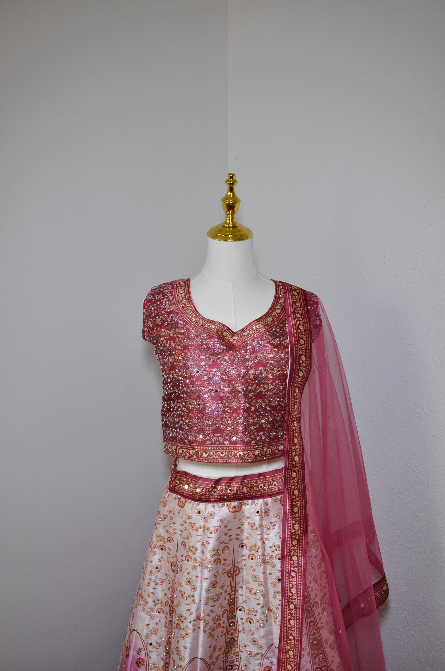 Pink and White Ombre Lehenga 3 Piece Designer Outfit with Rhinestone Details Lightweight Dupatta