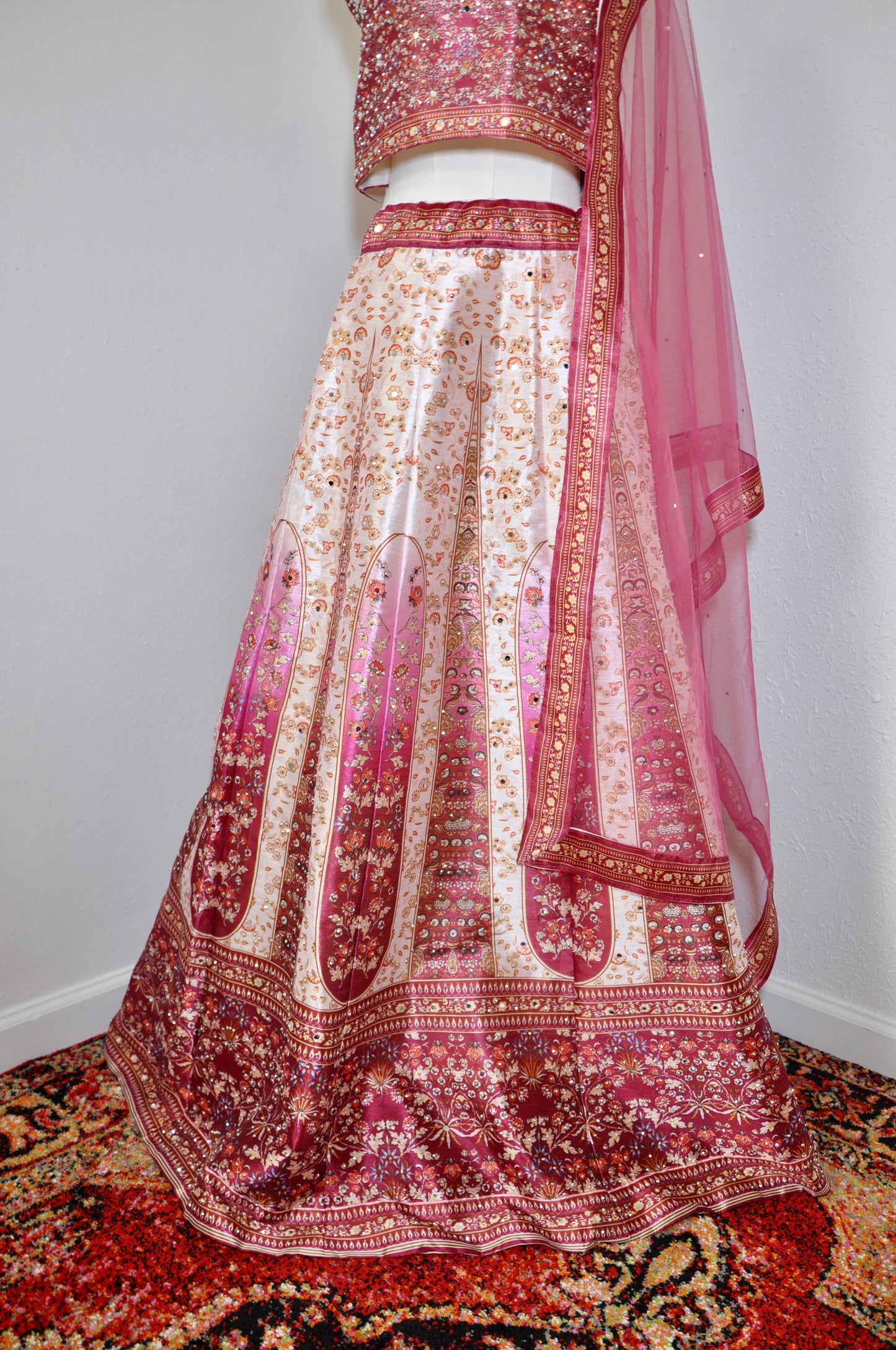 Pink and White Ombre Lehenga 3 Piece Designer Outfit with Rhinestone Details Lightweight Dupatta