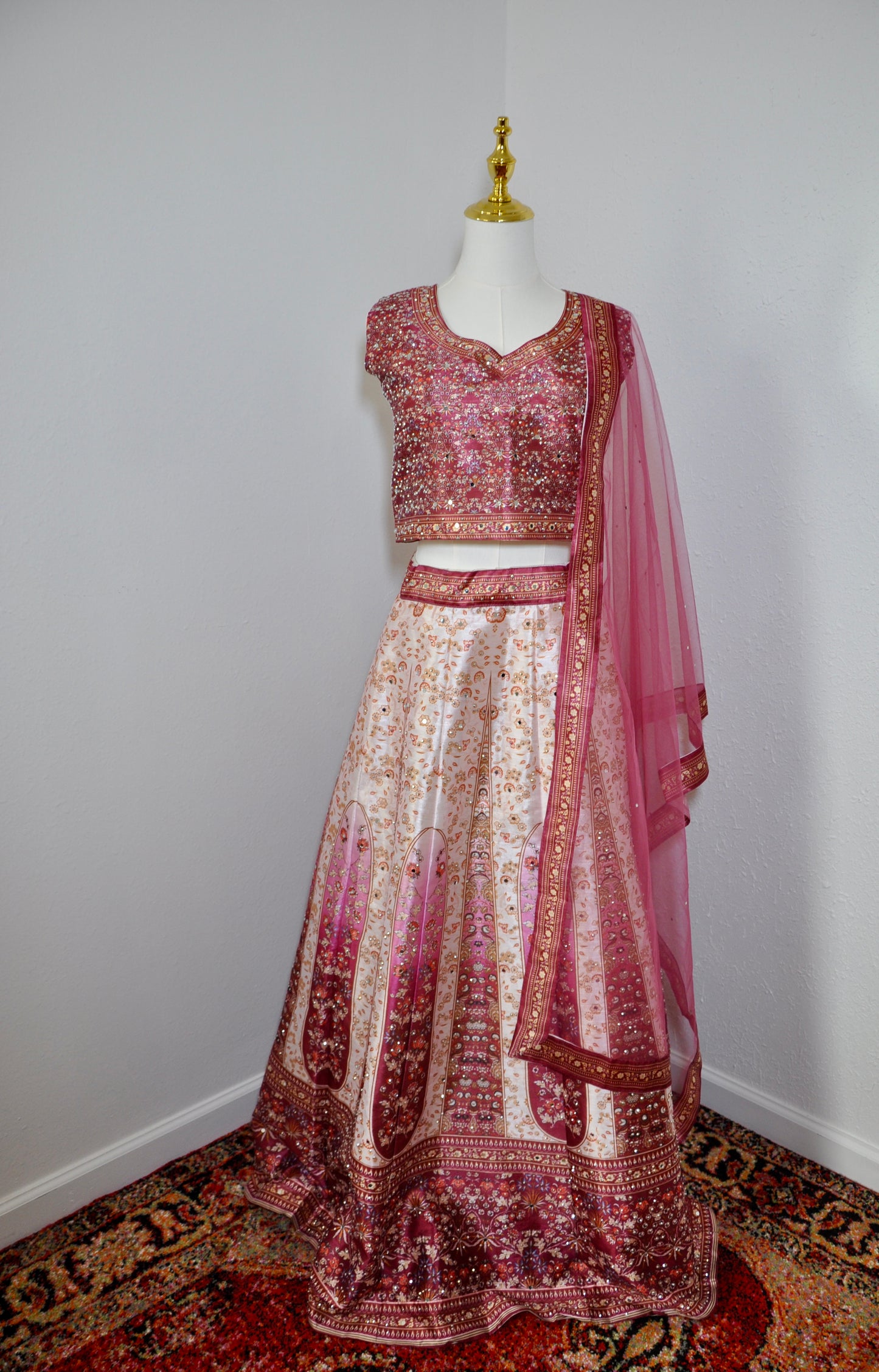 Pink and White Ombre Lehenga 3 Piece Designer Outfit with Rhinestone Details Lightweight Dupatta