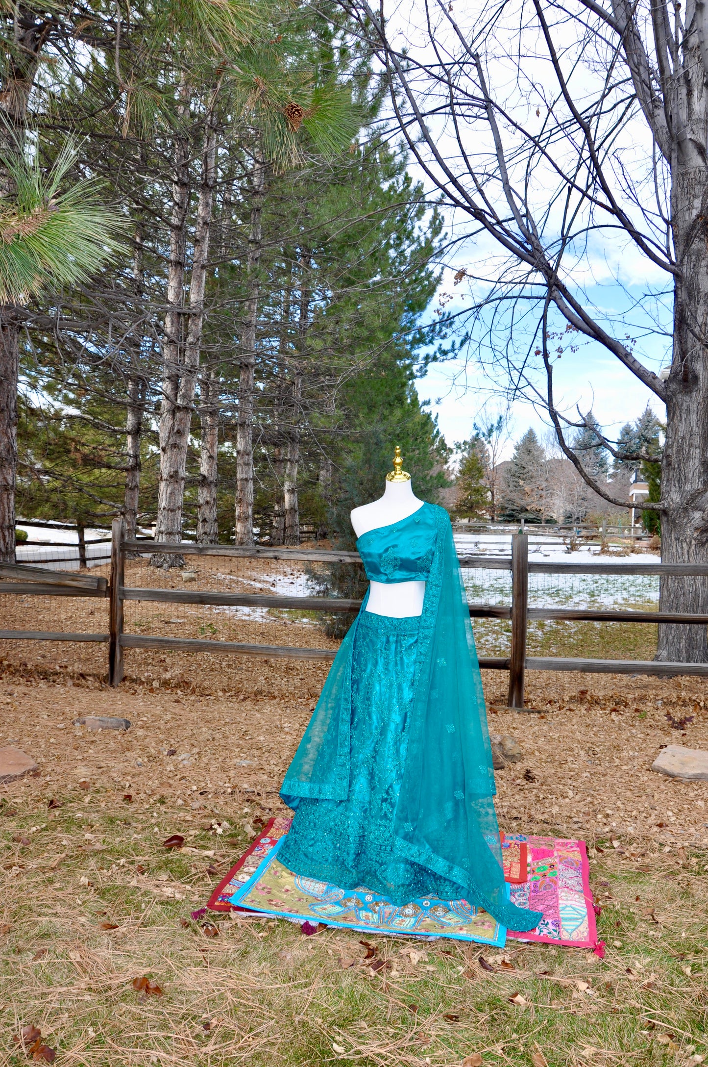 Teal Embroidered One-Shoulder Lehenga Set