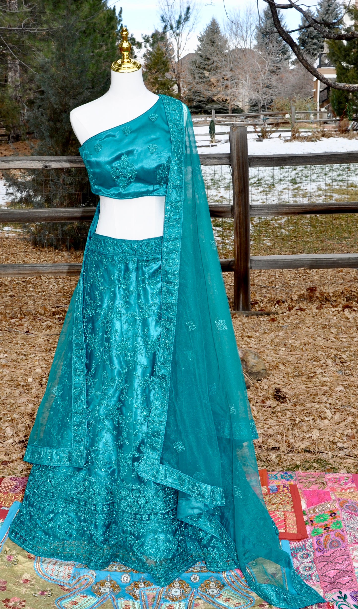 Teal Embroidered One-Shoulder Lehenga Set