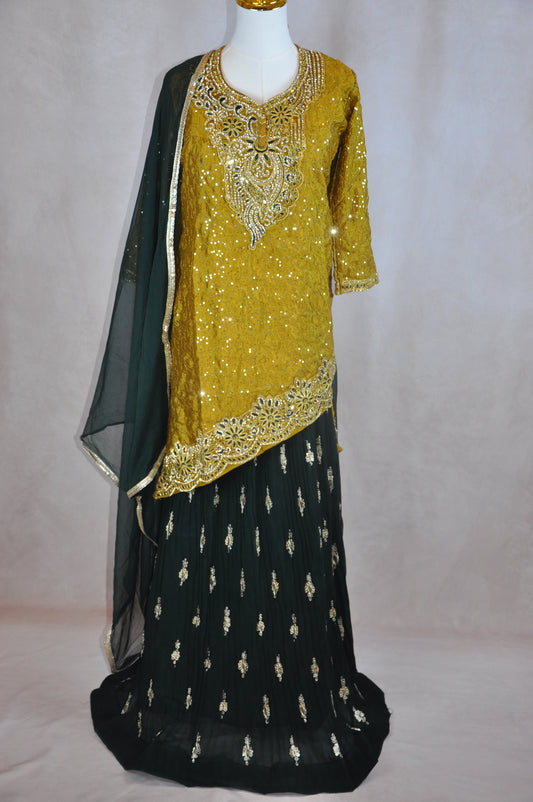 Mustard Yellow Asymmetrical Kurta with Flow Skirt Lehenga & Thin Shawl