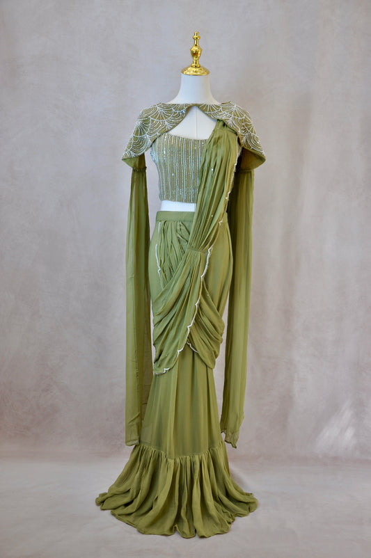 Green Embroidered Pre-Draped Saree