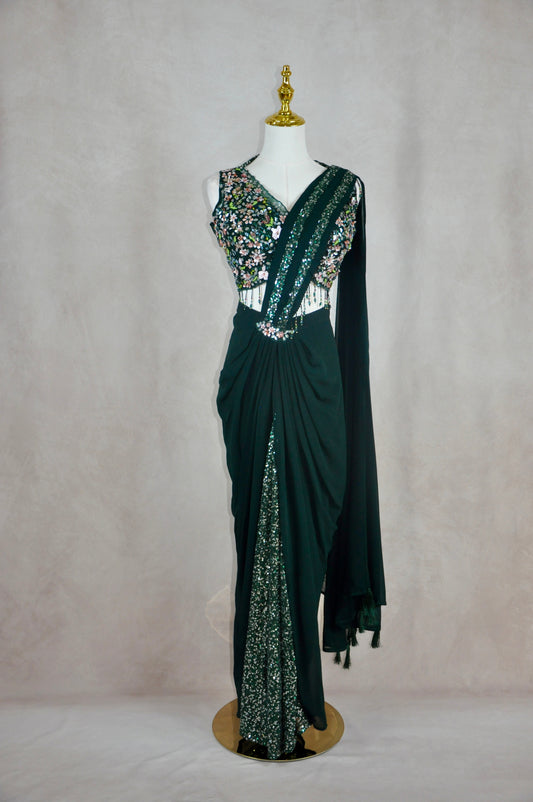 Green Embroderied Pre-Draped Saree