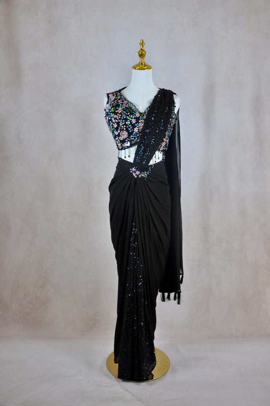 Black Embroderied Pre-Draped Saree