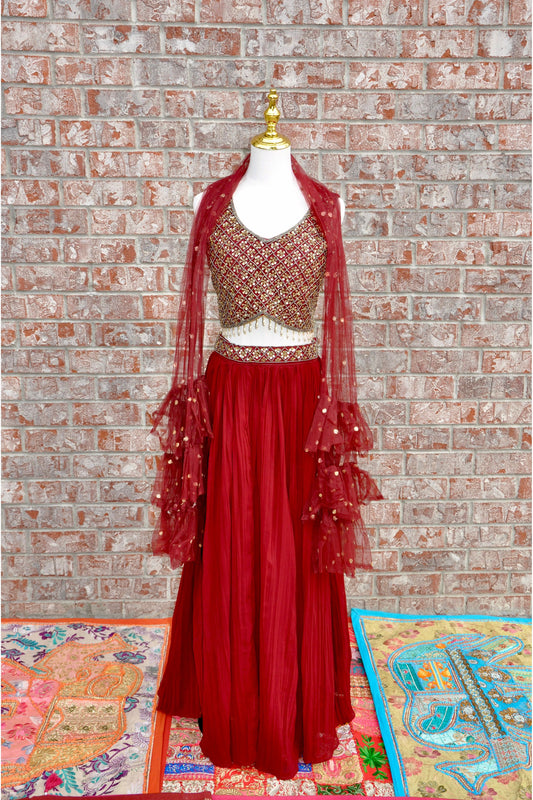 Burgundy Sleeveless Lehenga Set 3-Piece Designer Outfit with Ruffled Dupatta