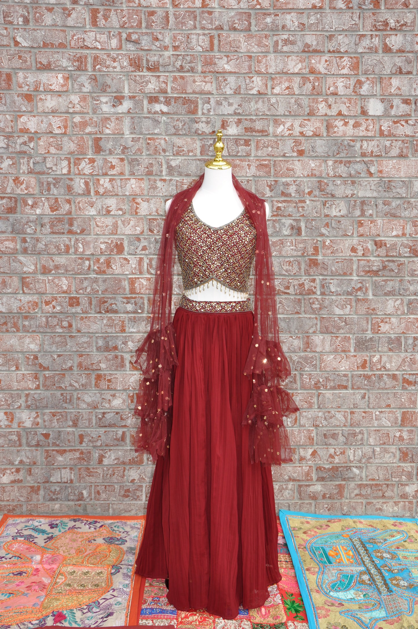 Burgundy Sleeveless Lehenga Set 3-Piece Designer Outfit with Ruffled Dupatta