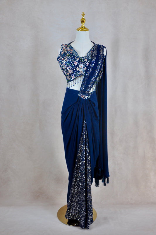 Blue Embroidered Pre-Draped Saree