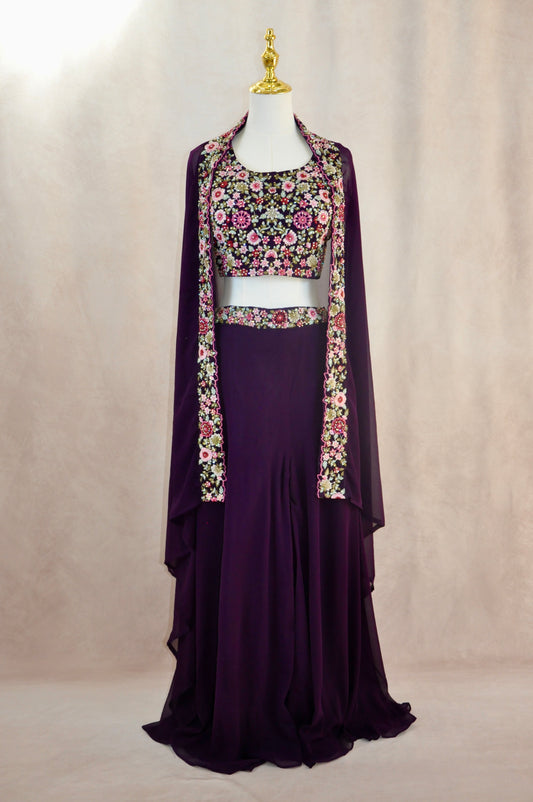 Purple Embroidered Croptop With Pant And Jacket