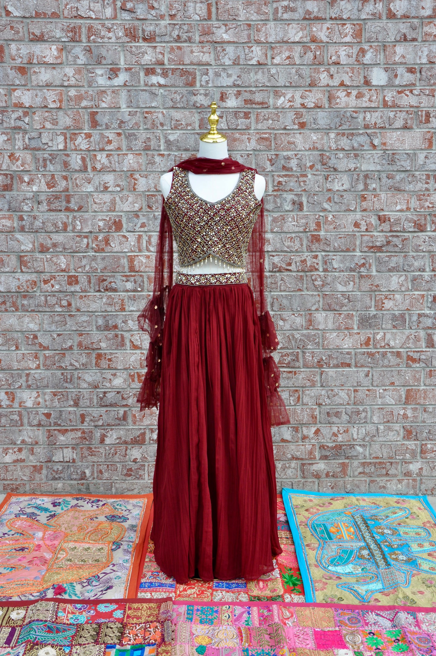 Burgundy Sleeveless Lehenga Set 3-Piece Designer Outfit with Ruffled Dupatta