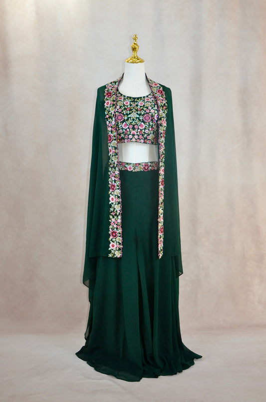 Green Embroidered Croptop With Pant And Jacket