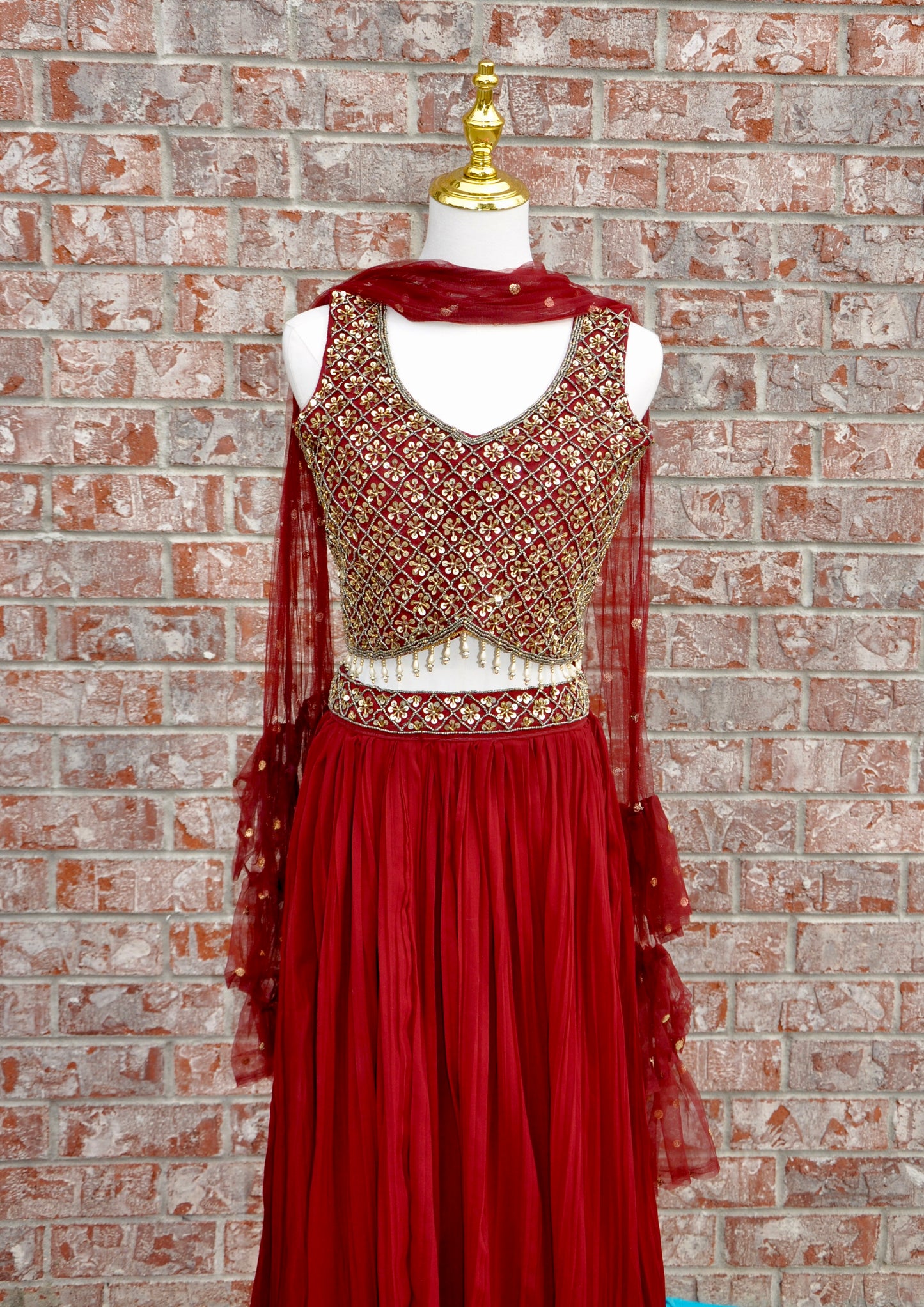 Burgundy Sleeveless Lehenga Set 3-Piece Designer Outfit with Ruffled Dupatta