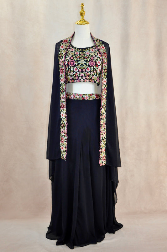 Blue Embroidered Croptop With Pant And Jacket