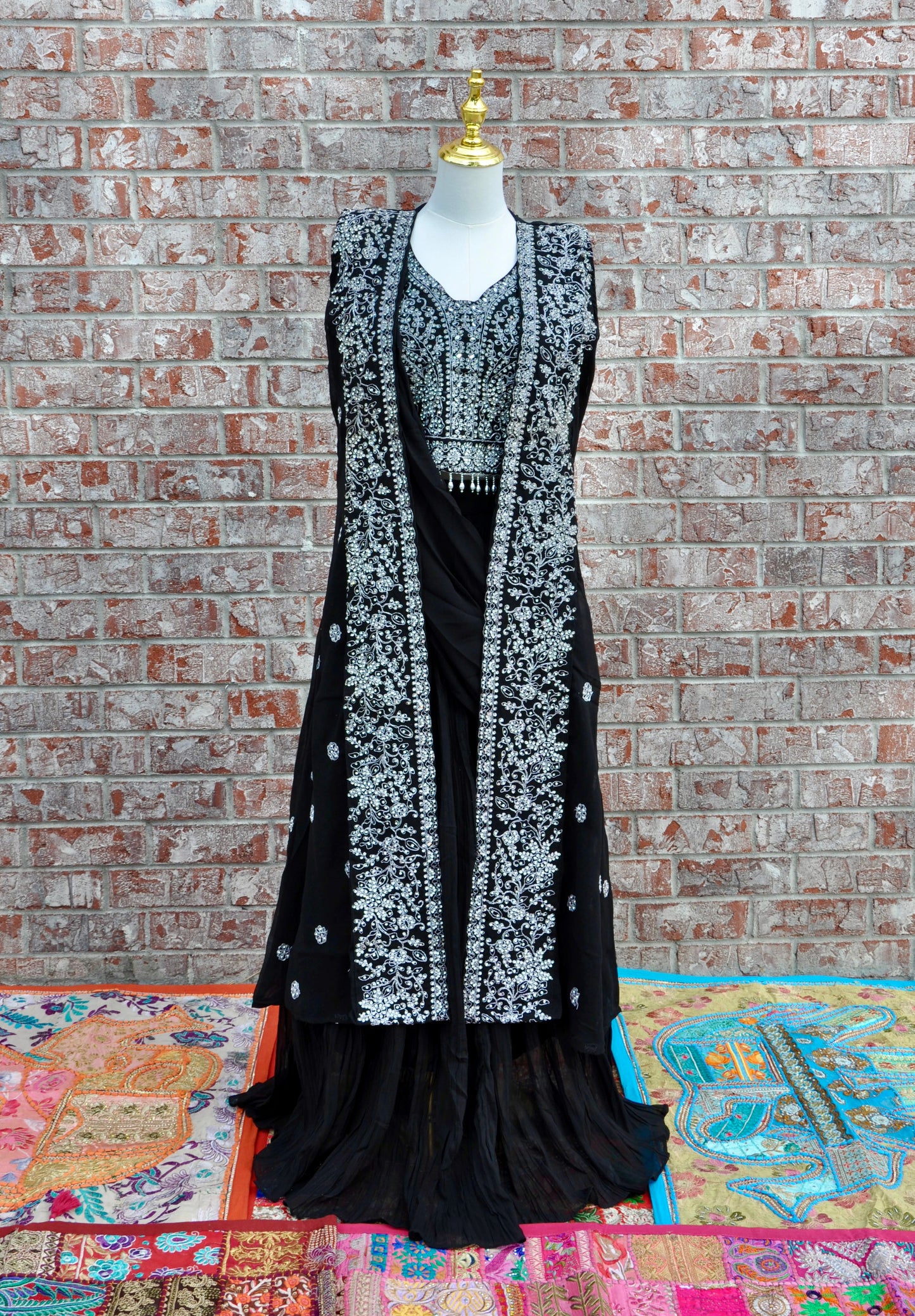 Black and Silver Pre-Draped Saree Lehenga Set 3 Piece Designer Outfit with Embroidered Jacket