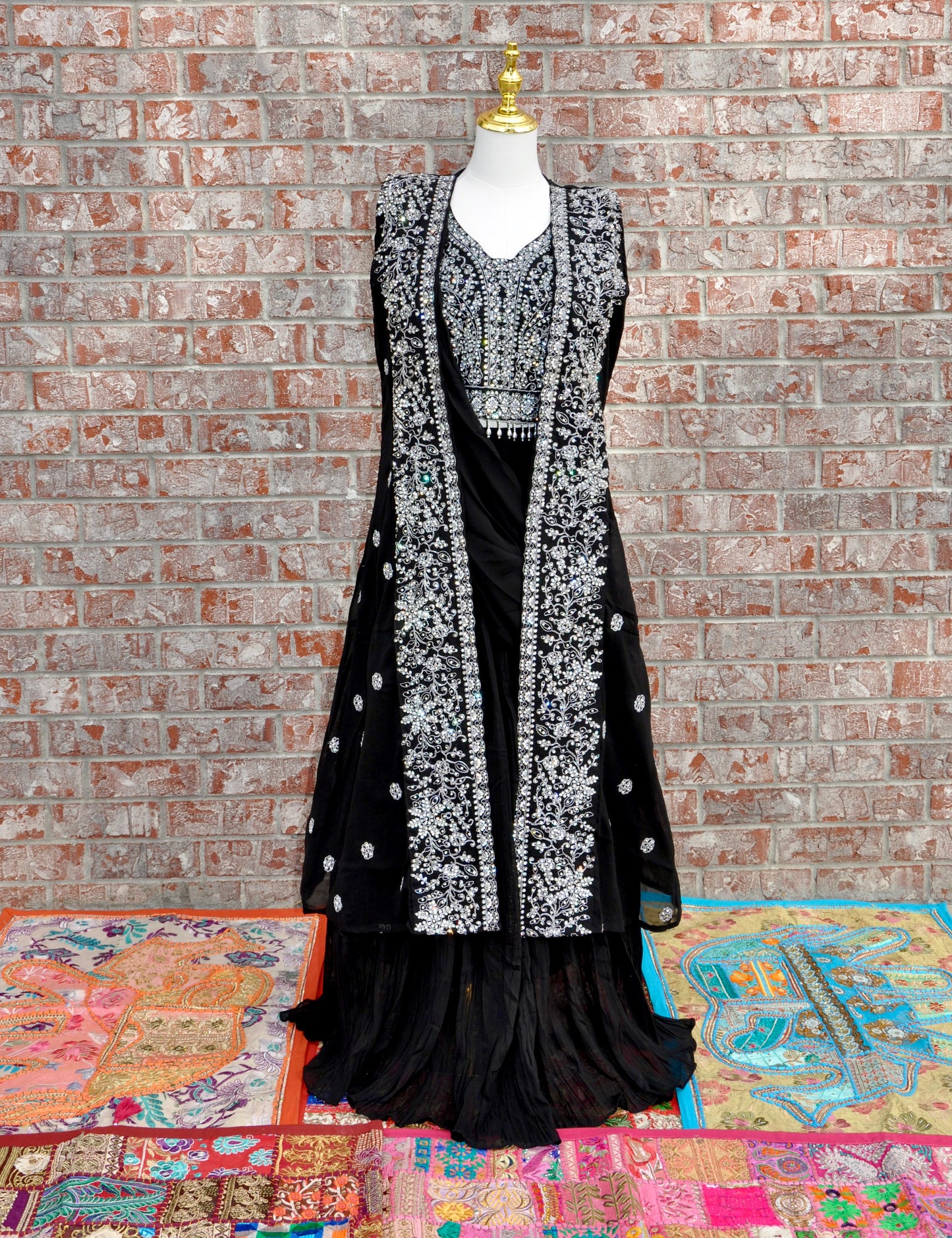 Black and Silver Pre-Draped Saree Lehenga Set 3 Piece Designer Outfit with Embroidered Jacket