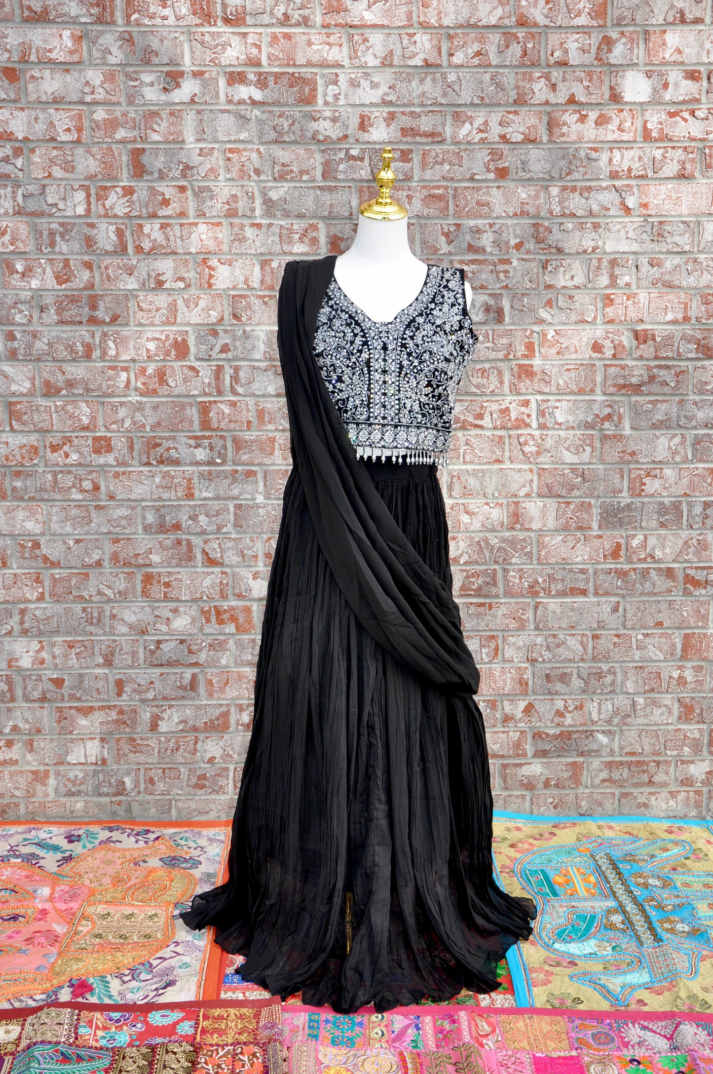 Black and Silver Pre-Draped Saree Lehenga Set 3 Piece Designer Outfit with Embroidered Jacket