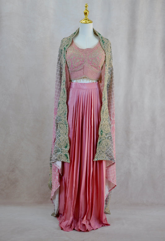 Pink and Gold Embroidered Croptop With Pleated Skirt And Jacket
