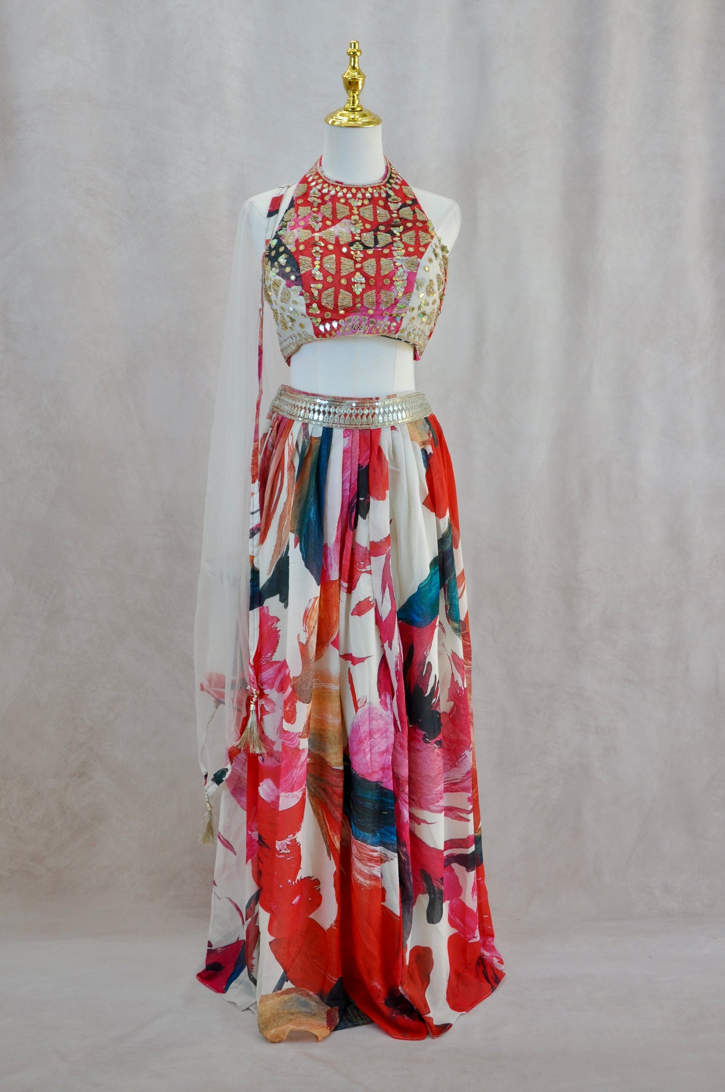 Multicolor Croptop With Floral Pleated Skirt And Shawl