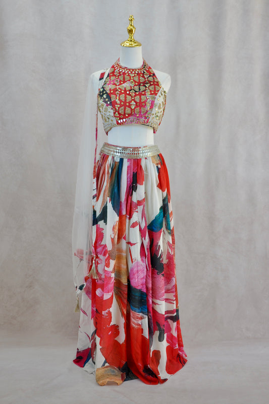 Multicolor Croptop With Floral Pleated Skirt And Shawl
