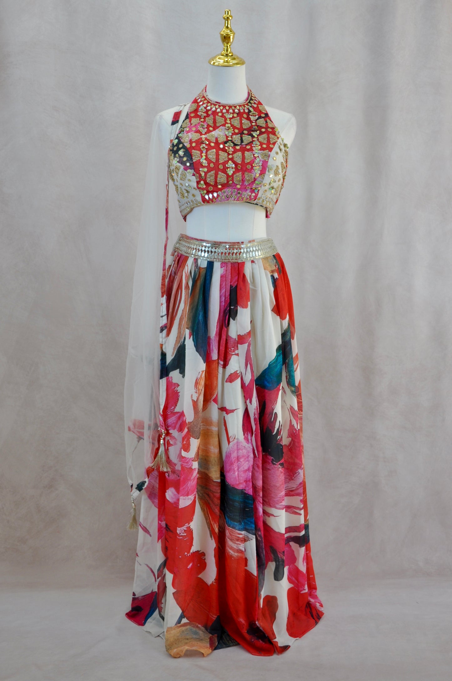 Multicolor Croptop With Floral Pleated Skirt And Shawl