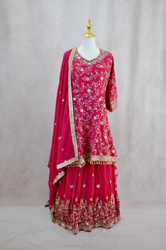 Pink And Gold Embroidered Top With Pleated Skirt And Shawl