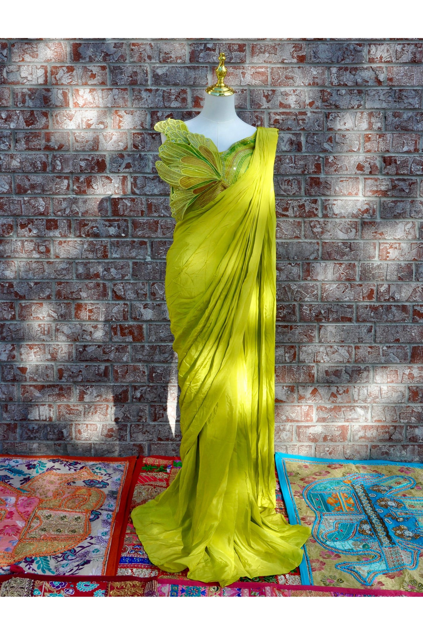 Lime Green Pre-Draped Saree Set Embroidered Butterfly Crop Top with Beadwork Designer