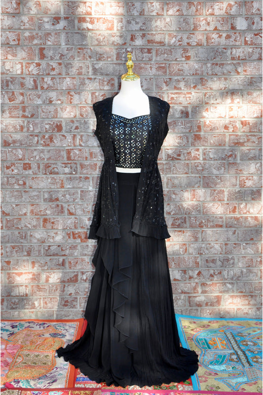 Black and Silver Sequin Lehenga Set with Short Jacket Designer 3-Piece