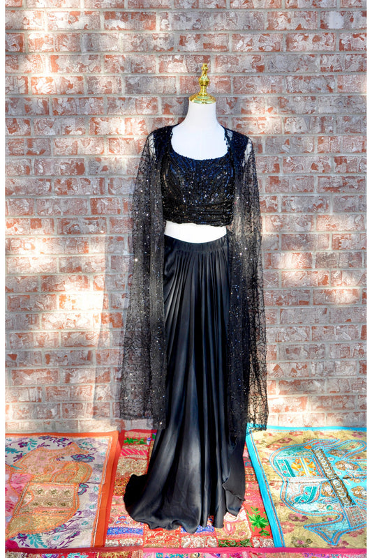 All Black 3 Piece Lehenga Set with Sheer Sequin Jacket Satin Pleated Skirt & Embroidered Crop Top