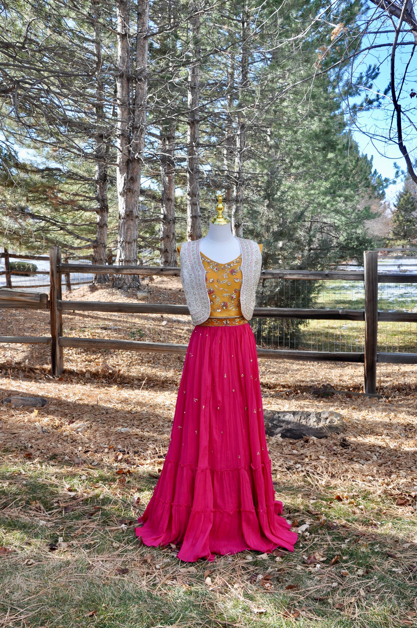 Indo Western Mustard Yellow, Cream, and Pink Floral Lehenga 3 Piece Set Designer Outfit with Embroidered Vest