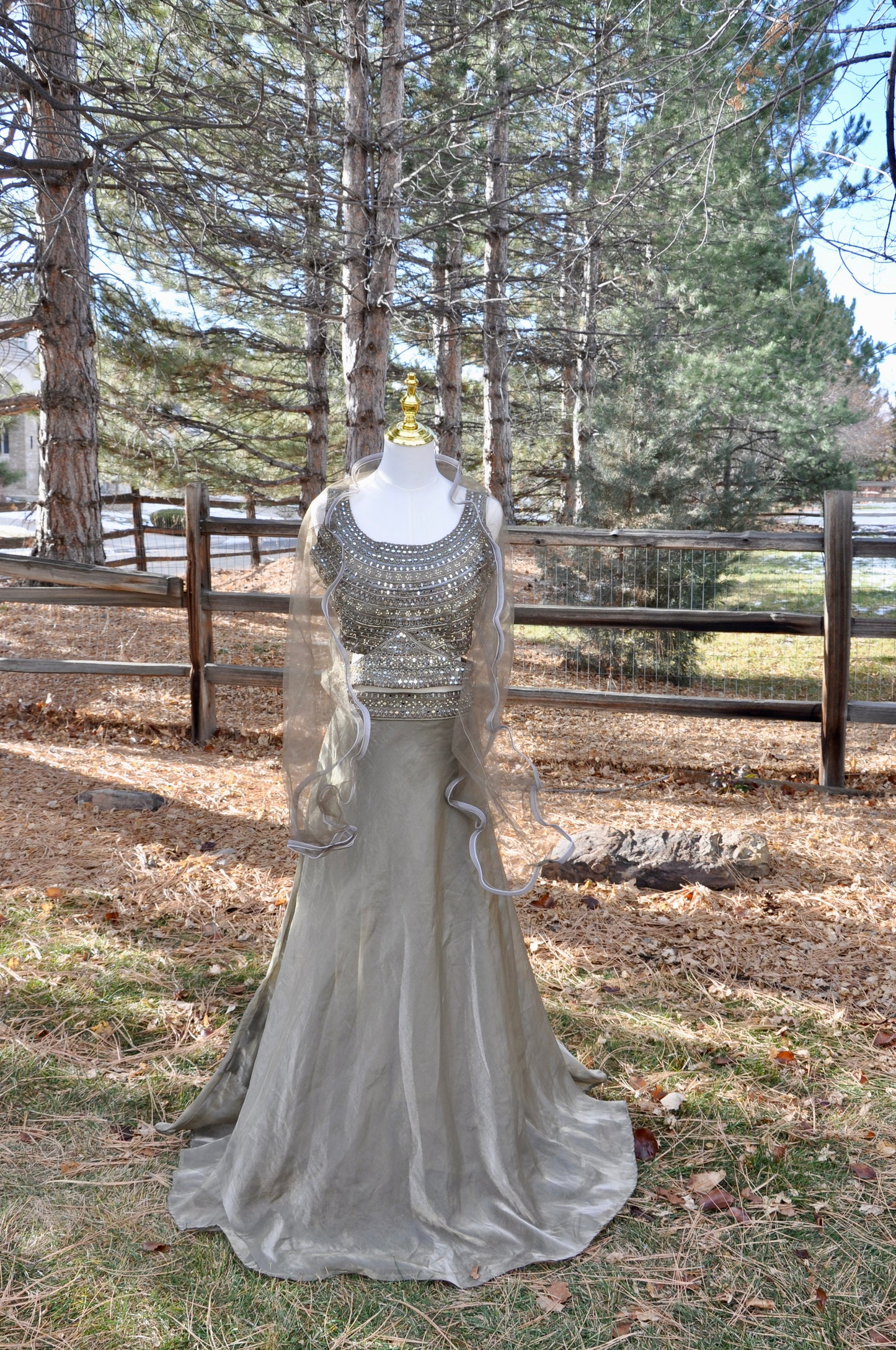 Grey Sequin Lehenga 3 Piece Set Lehenga with Embroidered Crop Top, Flowy Skirt & Sheer Ruffled Dupatta