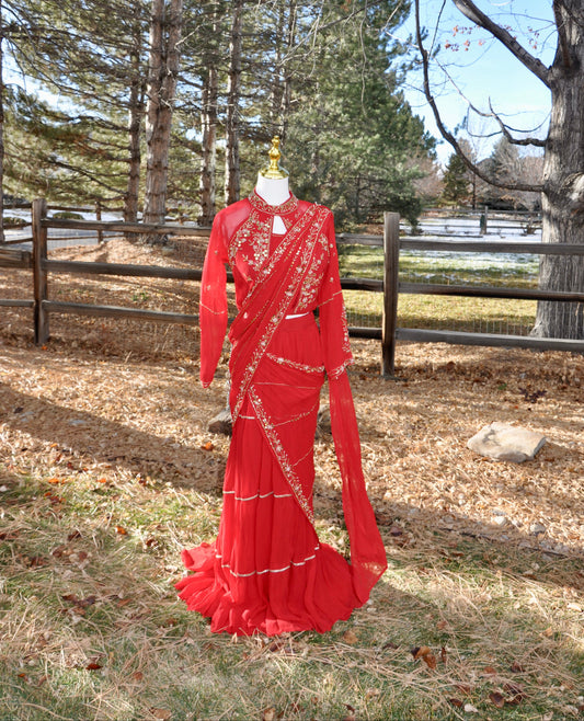 Red Pre Draped Saree with Full Sleeve Embroidered Blouse