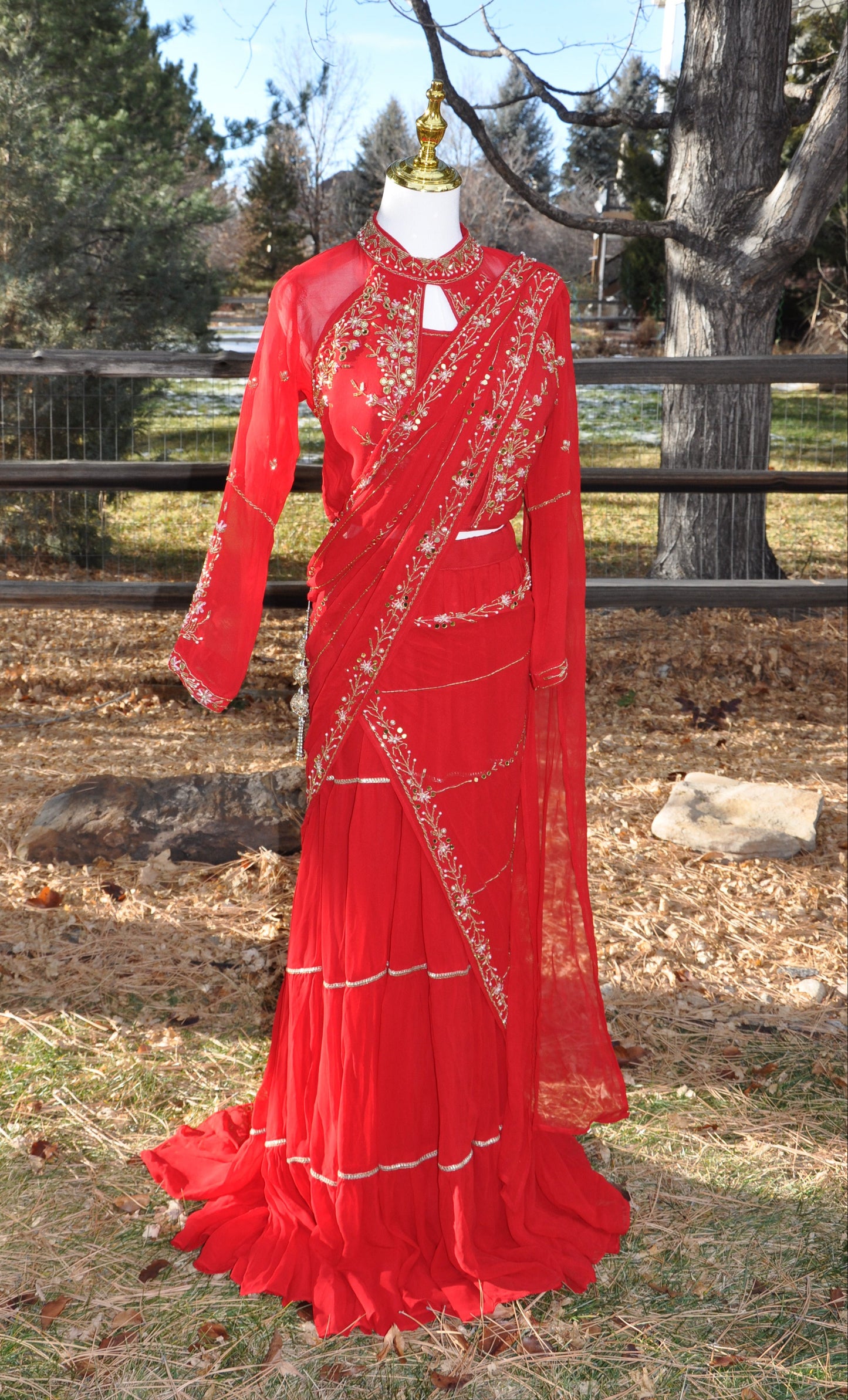 Red Pre Draped Saree with Full Sleeve Embroidered Blouse