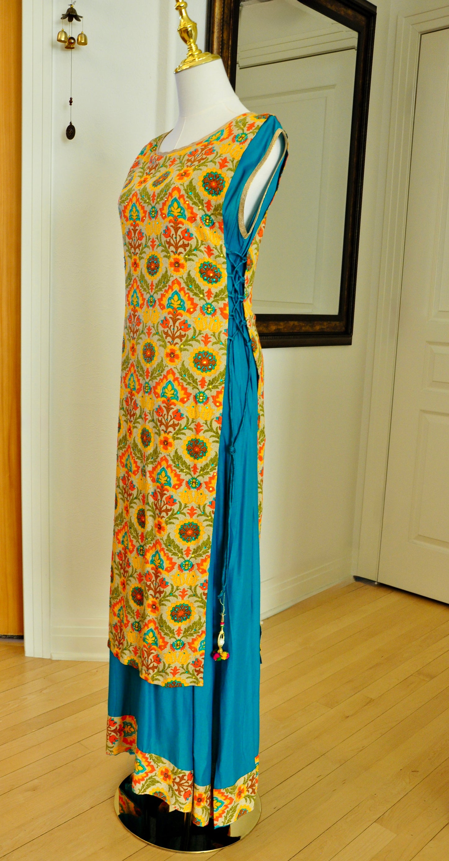 Yellow & Teal Layered Kurti – Geometric Print with Side Tie Detailing