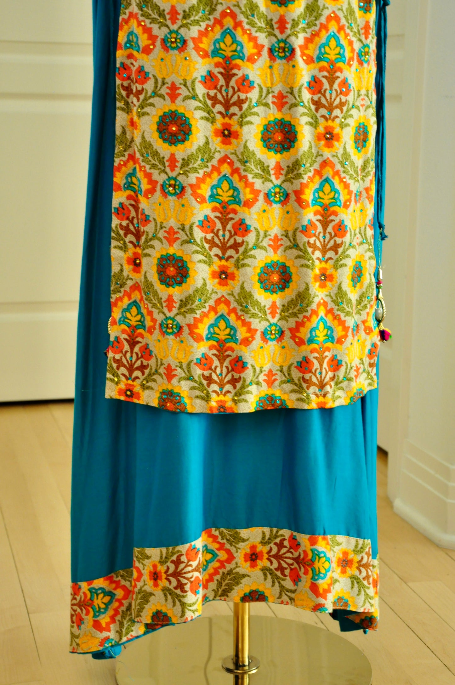 Yellow & Teal Layered Kurti – Geometric Print with Side Tie Detailing