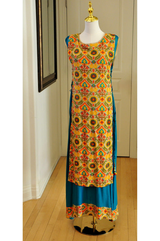 Yellow & Teal Layered Kurti – Geometric Print with Side Tie Detailing