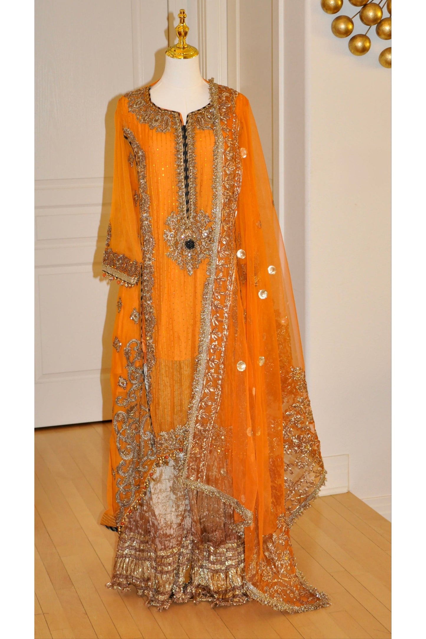 Embellished Orange and Gold Kurta Set