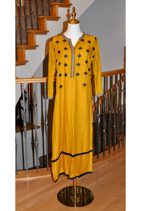 Radiant Mustard Yellow Kurti with Intricate Blue Embroidery