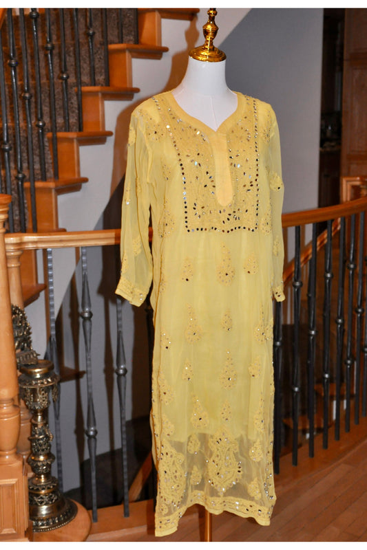 Radiant Light Yellow Layered Kurti Set with Embroidery & Mirror Work