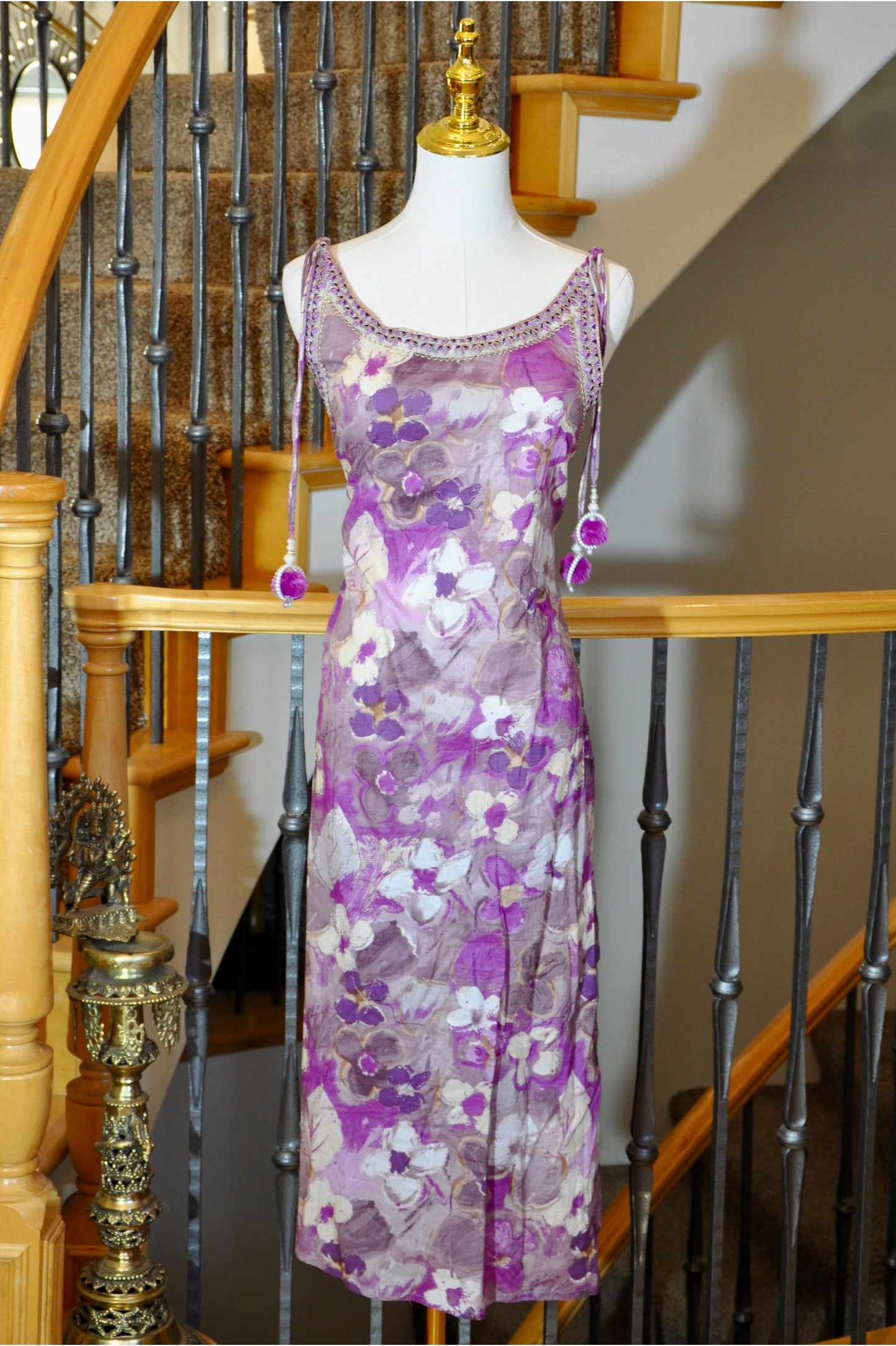 Floral Purple Sleeveless Kurti Dress with Tie-Up Sleeves