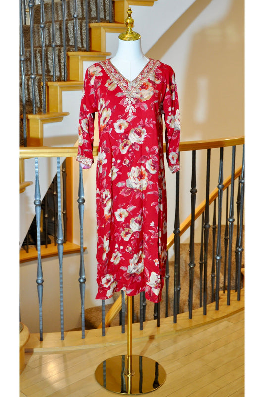 Red Floral Kurti with Embroidered Accents