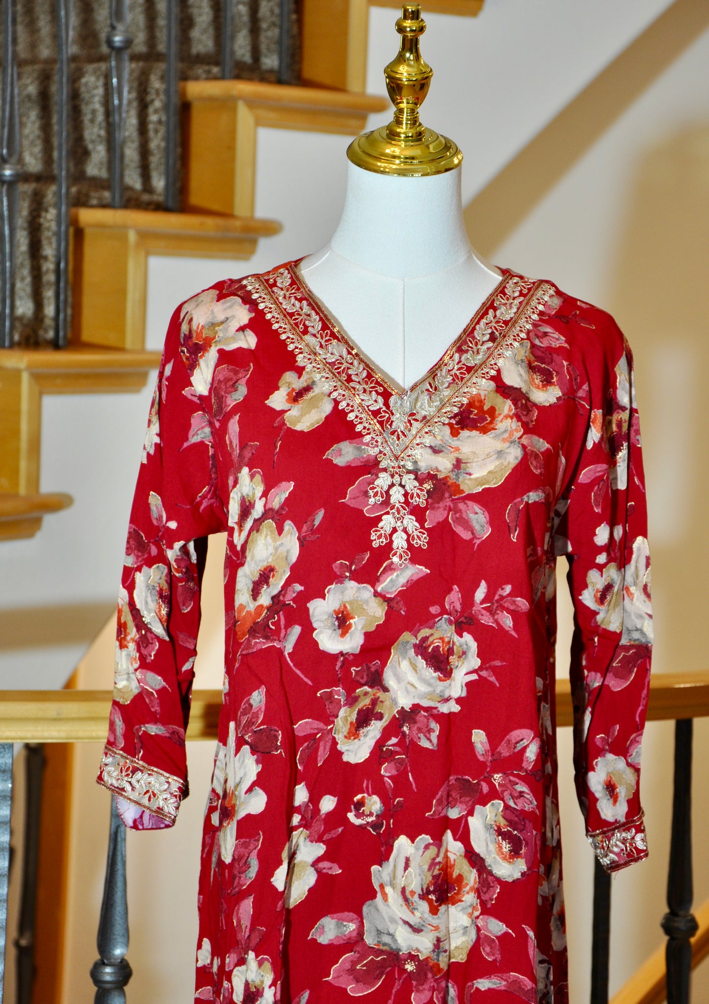 Red Floral Kurti with Embroidered Accents