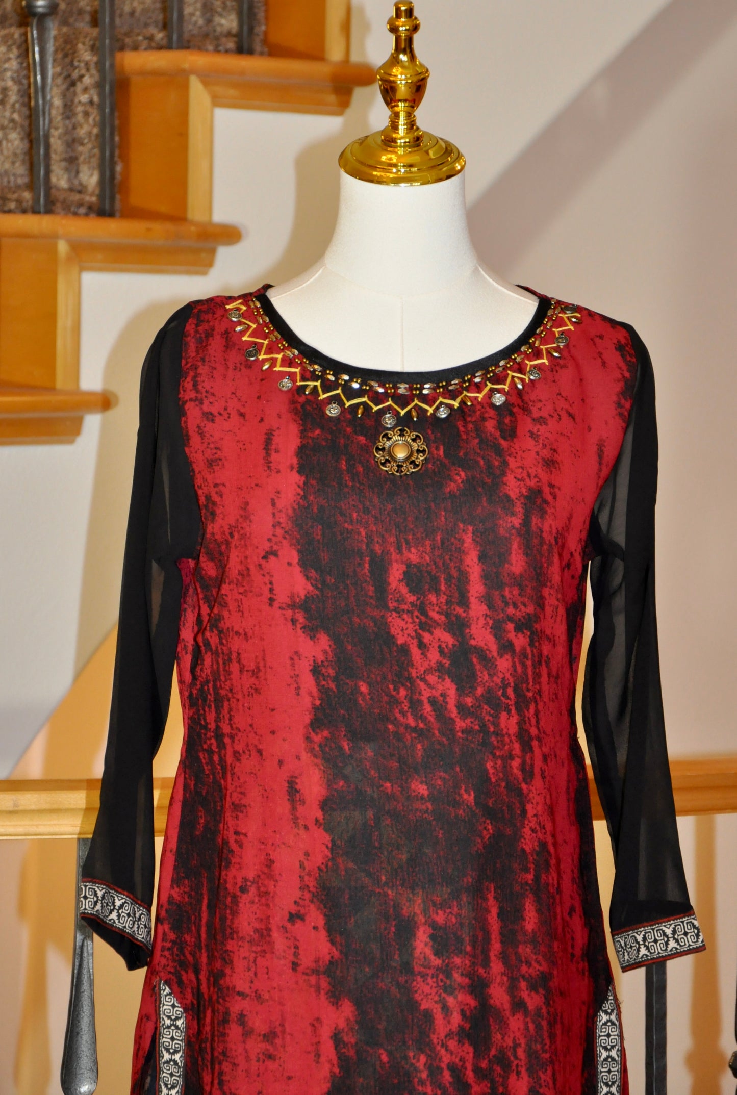 Red and Black Kurti with Multicolor Accents & Sheer Sleeves