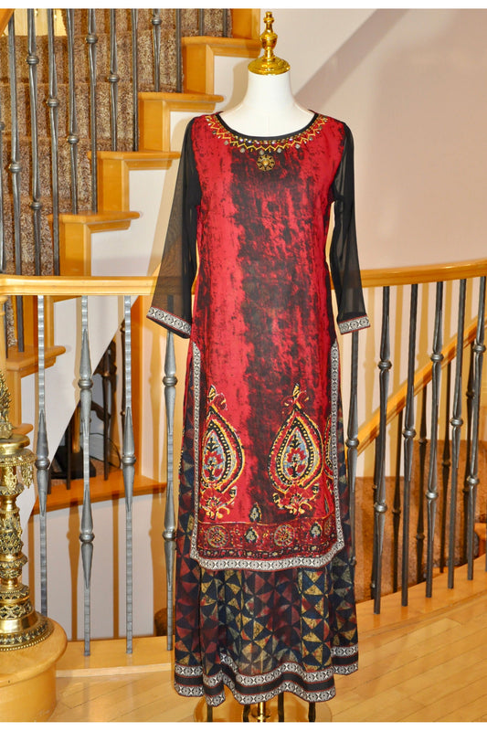 Red and Black Kurti with Multicolor Accents & Sheer Sleeves