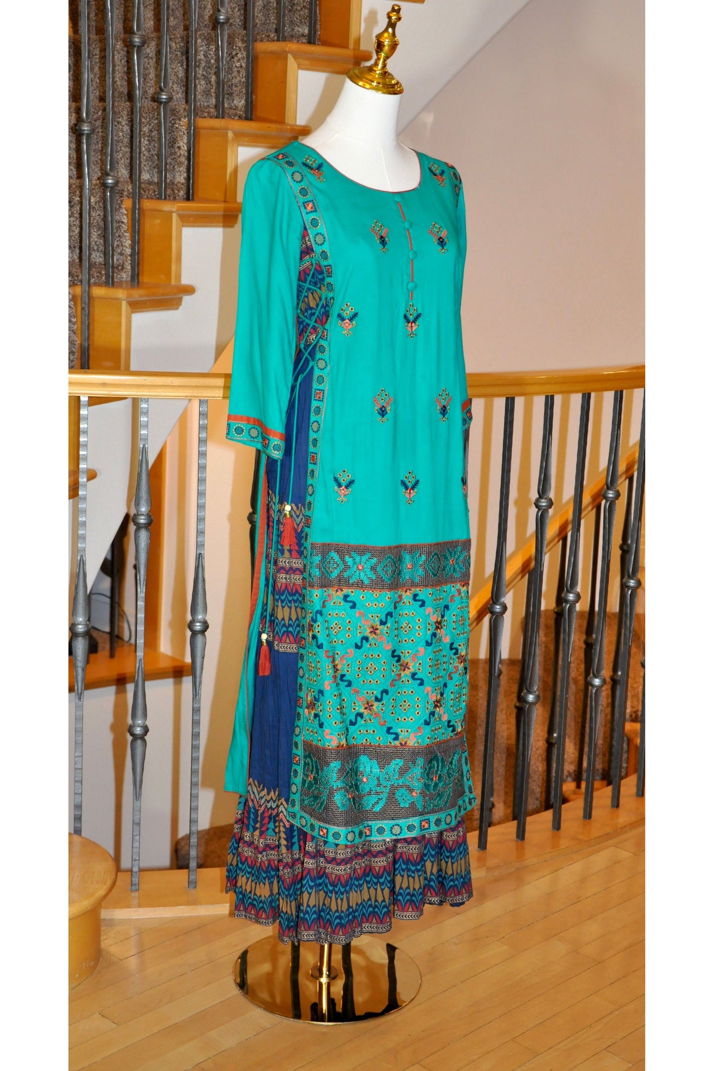 Teal & Blue Layered Kurti with Criss-Cross Tie Detail