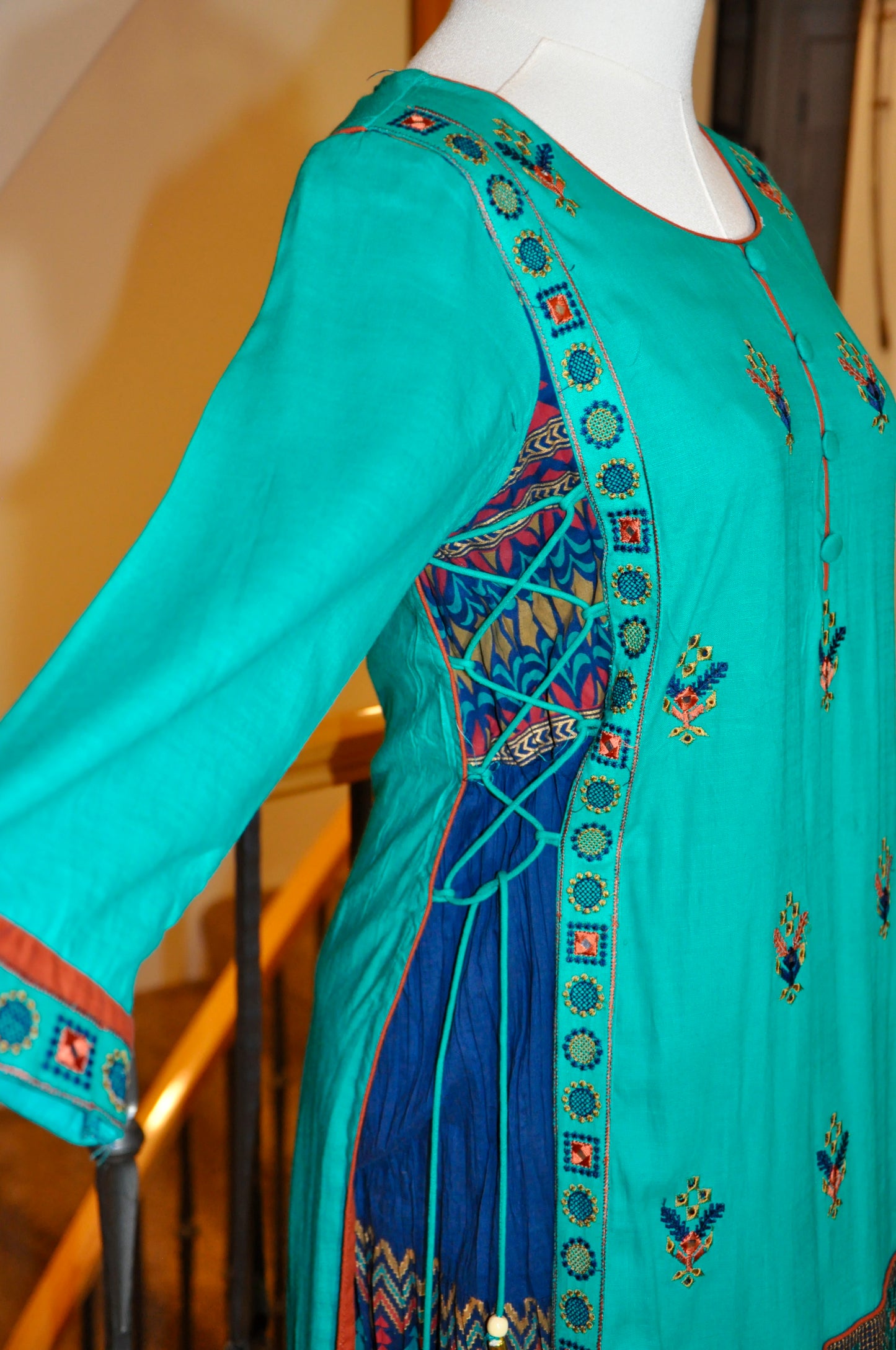 Teal & Blue Layered Kurti with Criss-Cross Tie Detail