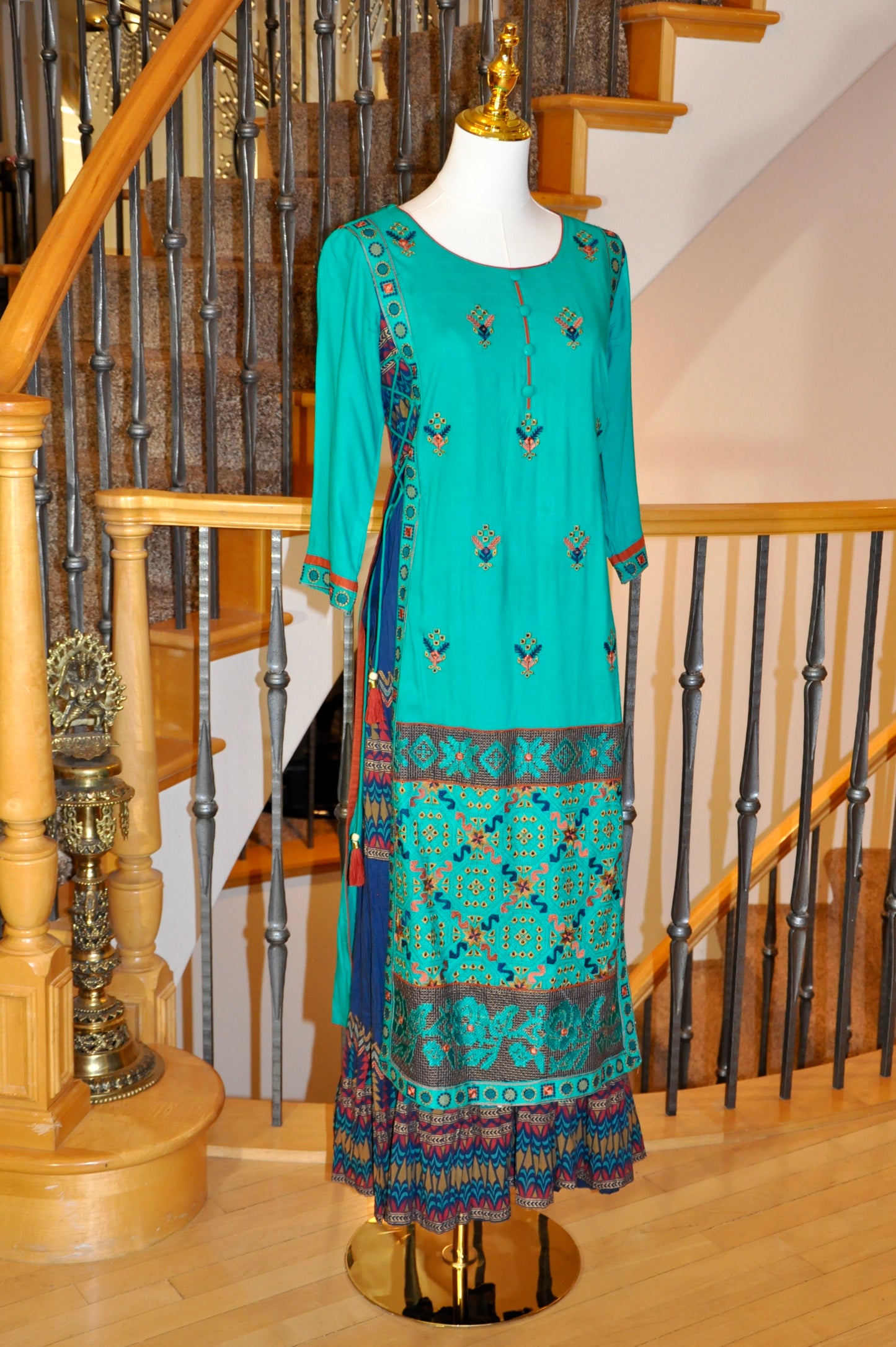 Teal & Blue Layered Kurti with Criss-Cross Tie Detail