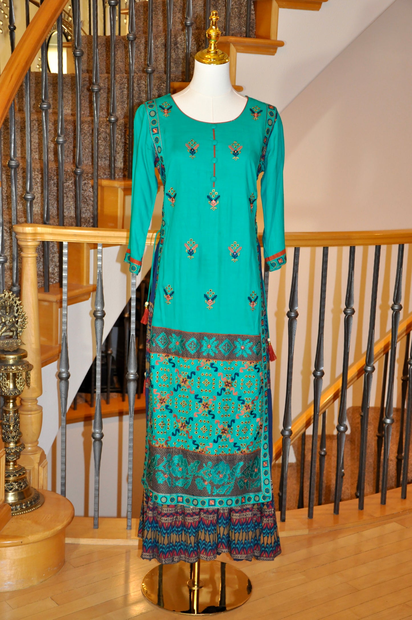 Teal & Blue Layered Kurti with Criss-Cross Tie Detail